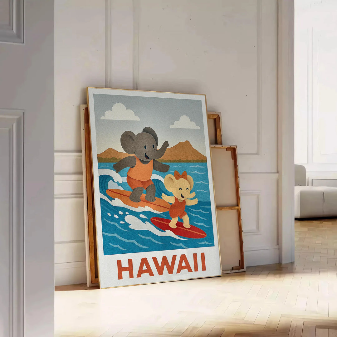 Πόστερ με ελεφαντάκι σερφ στη Χαβάη, ιδανικό για παιδικά δωμάτια ή διακόσμηση με θαλάσσιο θέμα. Διαθέσιμο σε 50x70 ή 30x40