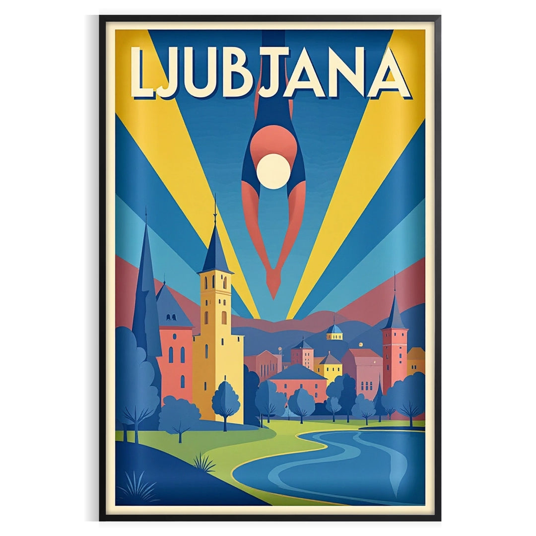 charm Ljubljana Slovenia stunning vintage travel poster art deco style vibrant yellow green hues touch elegance space piece history home available