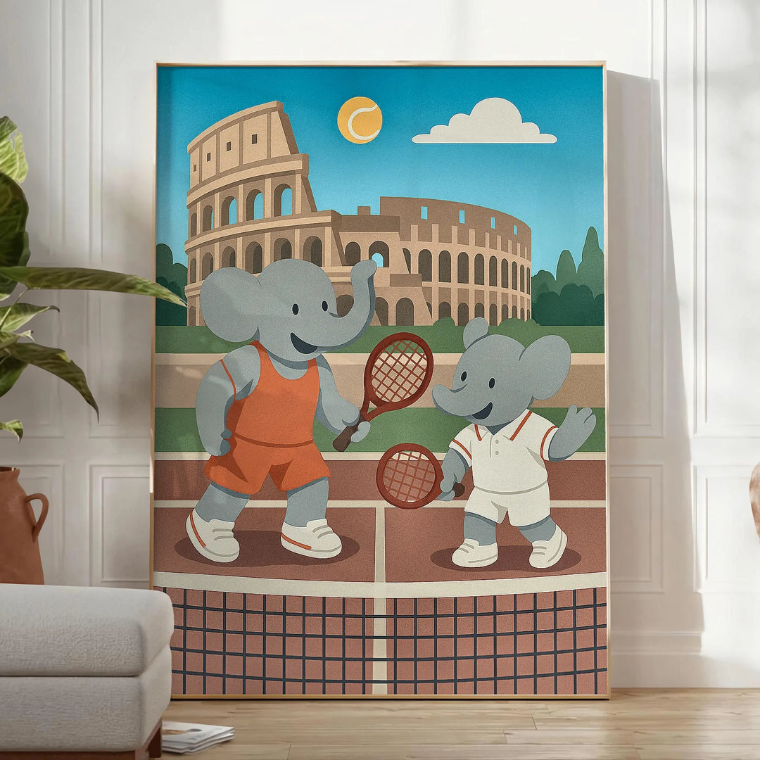 Πόστερ με ελέφαντα που παίζει τένις, ιδανικό για το παιδικό δωμάτιο, διαθέσιμο σε μεγέθη 50x70 ή 30x40