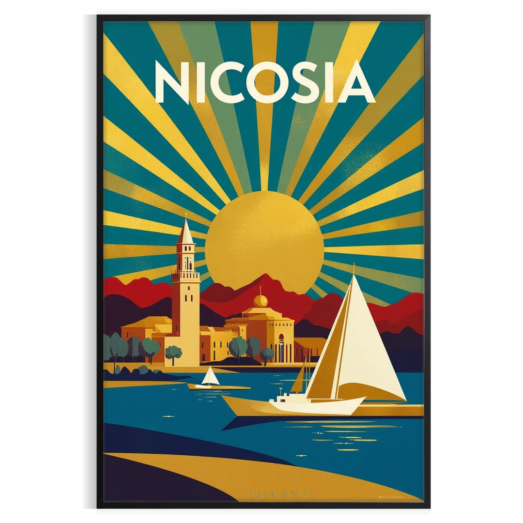 charm vintage Nicosia Cyprus stunning Art Déco poster vibrant yellow green hues touch elegance space lovers yours today decor available
