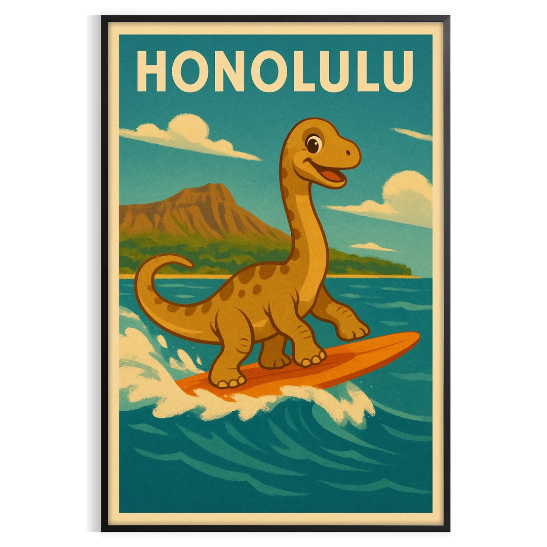 fun space vibrant Kid Dinosaur Honolulu Surf poster playful greens sunny yellows eye design perfect child room sizes cm formats A4 A0