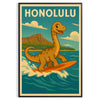 Affiche captivante thème Kid Dinosaur Honolulu Surf chambre enfant teintes vives vert jaune œuvre ludique dimensions cm une touche fun espace tailles A4 A0