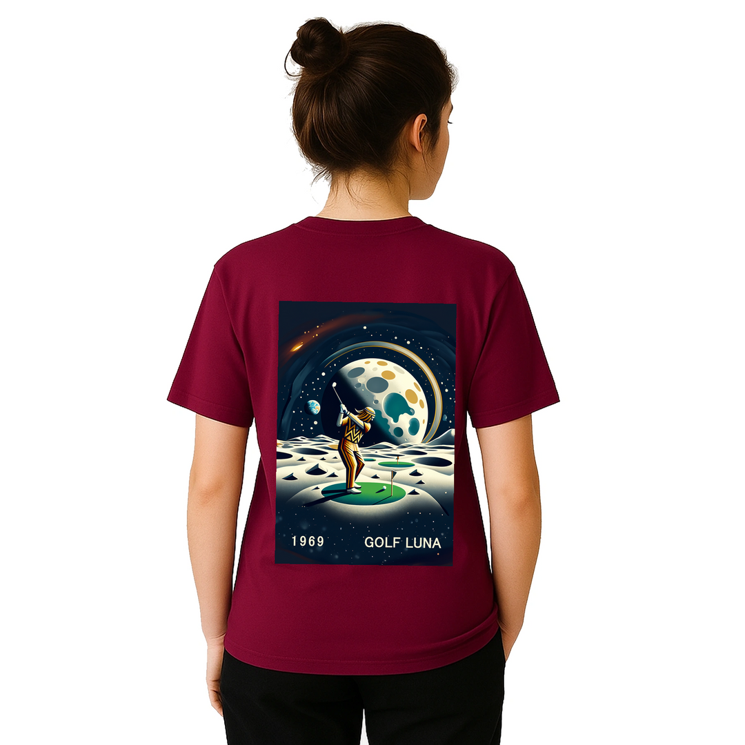 Koszulka Golf Moon z unikalnym wzorem, idealna na pole golfowe i codzienne wyjścia. Wygodna i trwała, dostępna w rozmiarach S