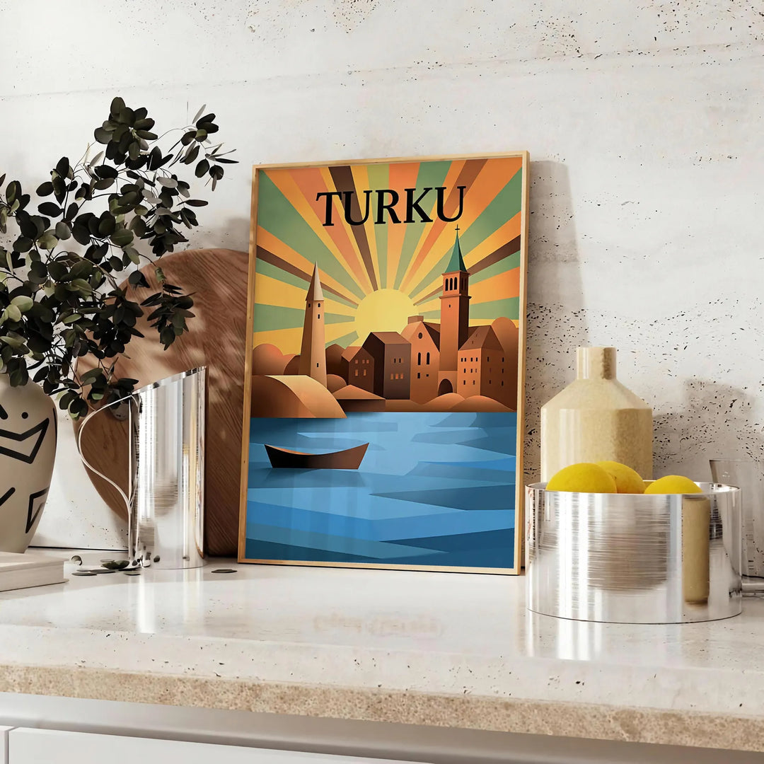 Poster Art Déco di Turku in grigio e blu, stile vintage