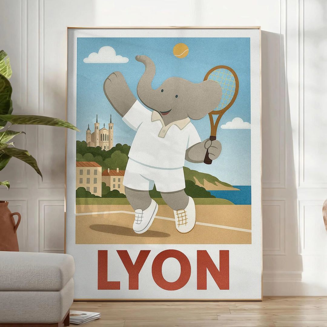 Ανακαλύψτε το χαριτωμένο αφίσα με ελέφαντα που παίζει τένις, ιδανική για να προσθέσει μια παιχνιδιάρικη ατμόσφαιρα σε κάθε δω