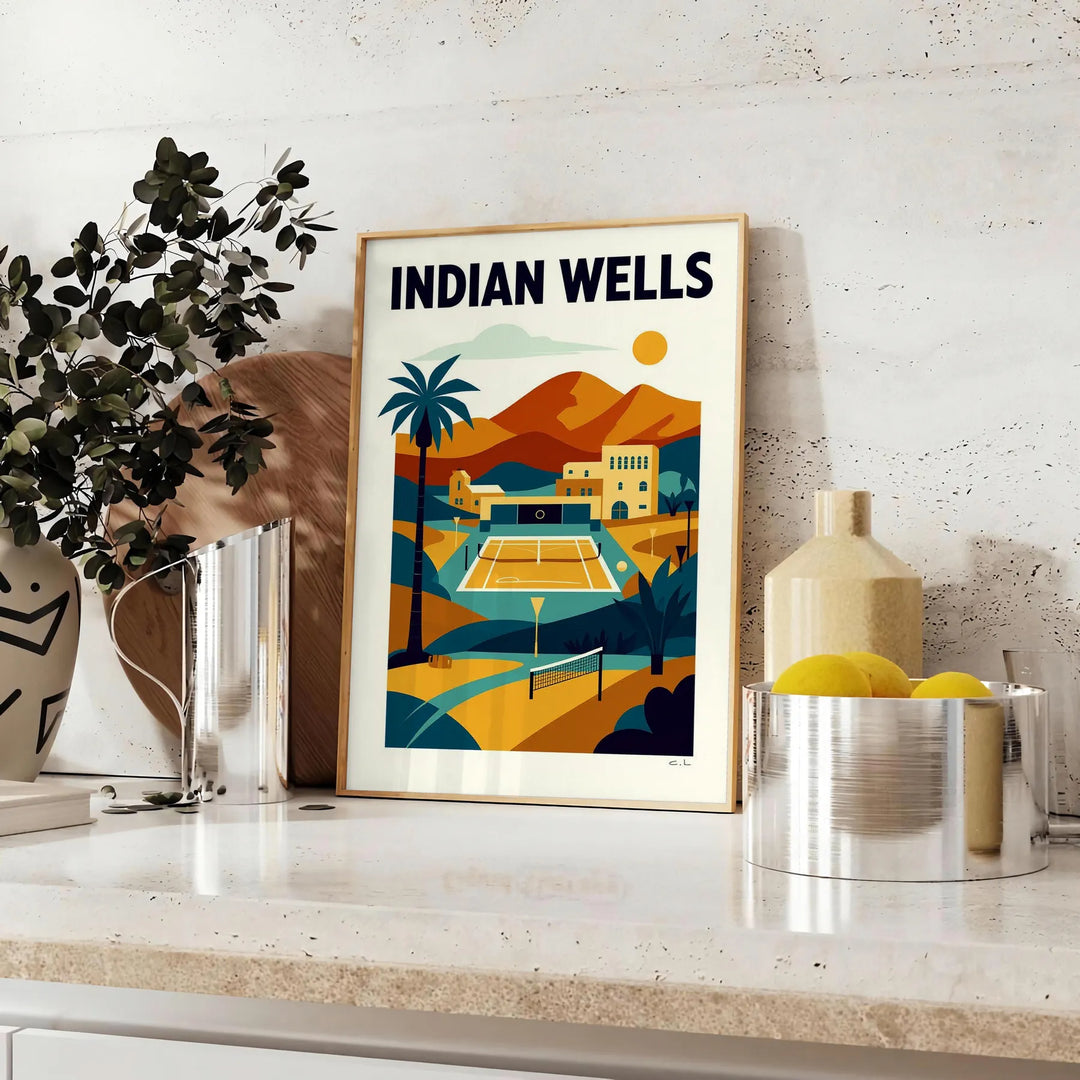 Poster di tennis Indian Wells con colori vivaci arancioni e verdi, ideale per appassionati di sport. Disponibile in diverse d