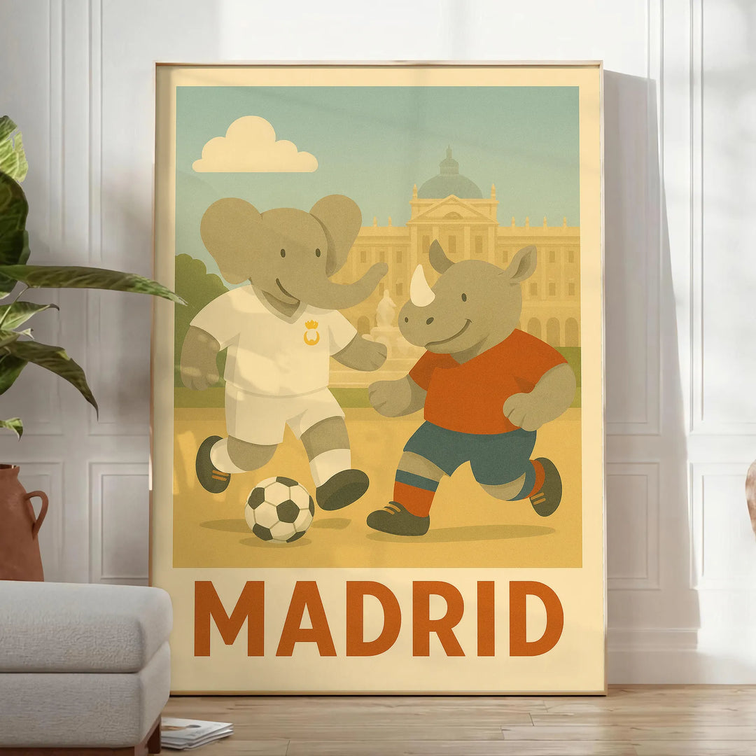 une touche ludique intérieur affiche Kid Elephant Rinhoceros thème football Madrid tons gris vert petits fans foot décoration unique disponibles cm 30×40 A4 A0