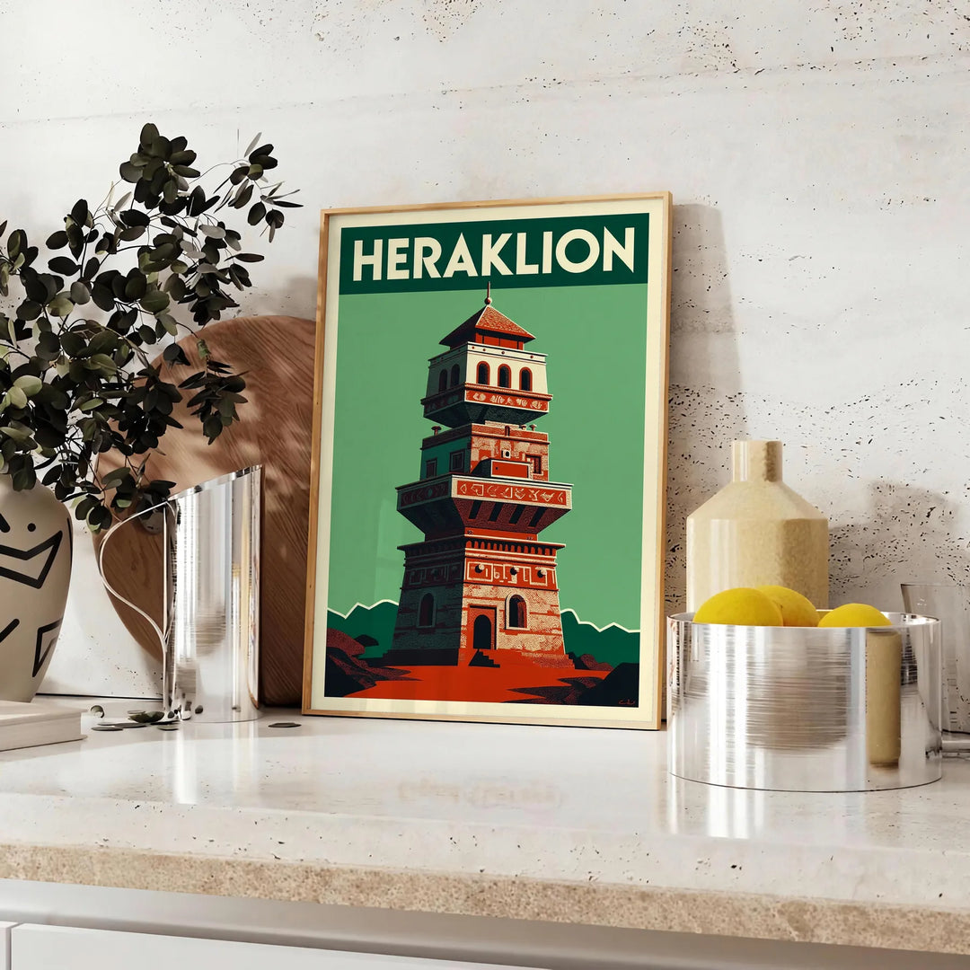 Poster vintage Art Déco Heraklion, Grecia in tonalità grigio e nero