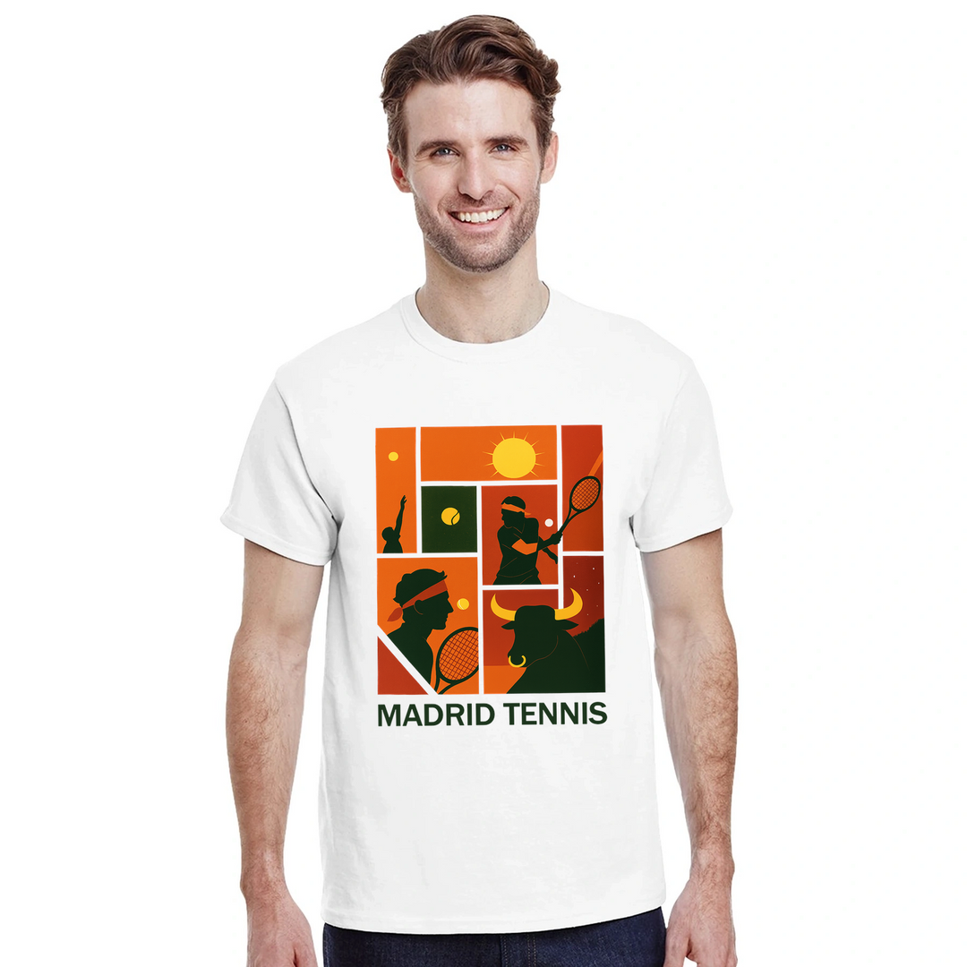 T-shirt Madrid Tennis Rafa, omaggio a Rafael Nadal, perfetto per appassionati e giocatori. Disponibile in taglie S, M, L, XL