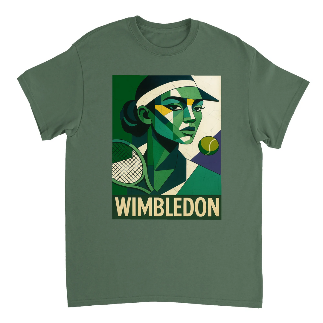 ウィンブルドン・キュビスト・テニスTシャツ。ユニークなキュビズムデザインが特徴で、テニス愛好者にもファッション好きにも最適なアイテム。サイズはS、M、L、XL、XXLがあります。