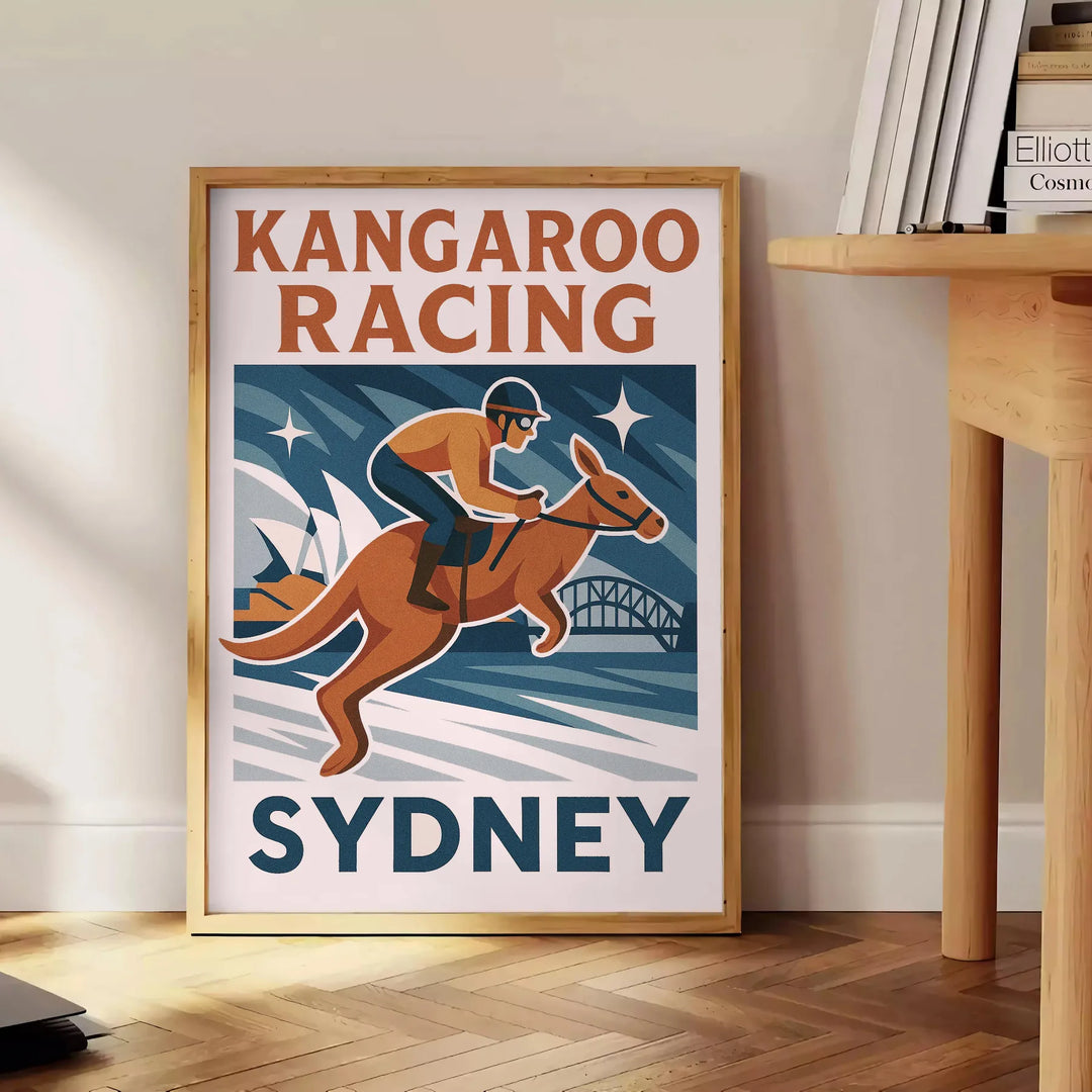 Färgglad poster med kangaroo racing i Sydney, perfekt för djurälskare och sportentusiaster. Finns i flera storlekar