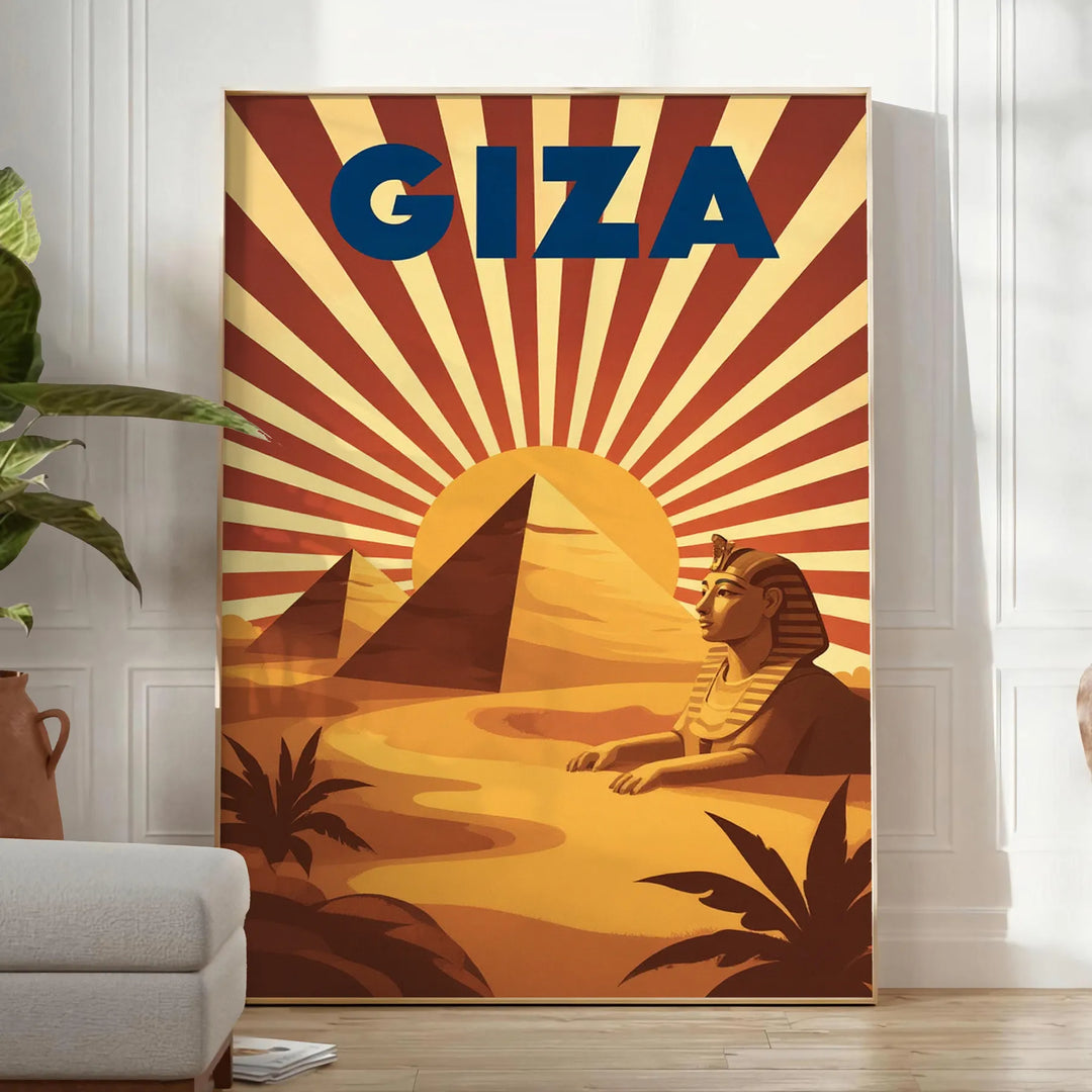 Art Déco plakāts Gīzai ar oranžu un melnu ģeometrisku dizainu