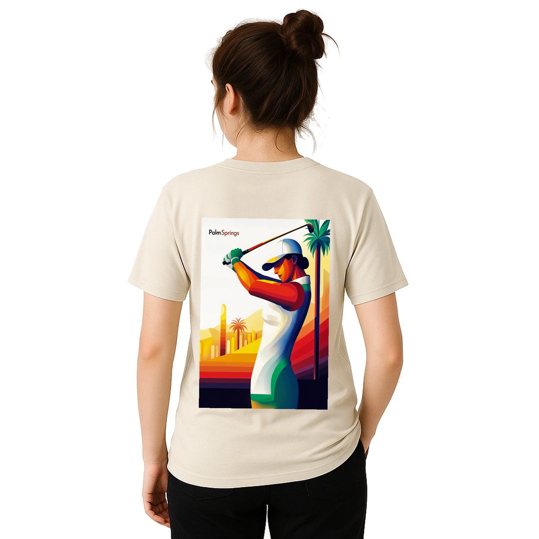 ゴルフパームスプリングスTシャツは、快適さとスタイルを兼ね備えたデザインです。パームスプリングスの陽気な雰囲気を楽しむゴルフ愛好者に最適です。