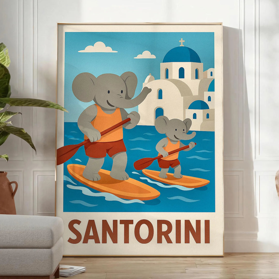 Ζωντανό αφίσα με ελέφαντα και σαντορινιό paddle, ιδανική για παιδικά δωμάτια. Διαθέσιμη σε διάφορες διαστάσεις