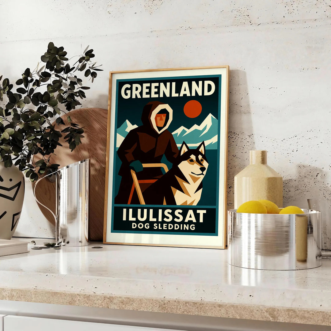 Affiche captivante sport traîneau chiens Groenland teintes grises orange incontournable passionnés aventure œuvre unique dimensions cm espace formats A4 A0