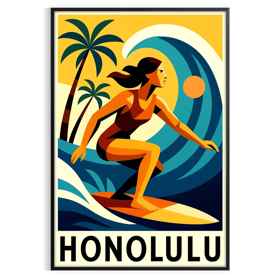 vibrant spirit surf culture stunning Honolulu poster energetic red blue hues eye essence waves space splash adventure available