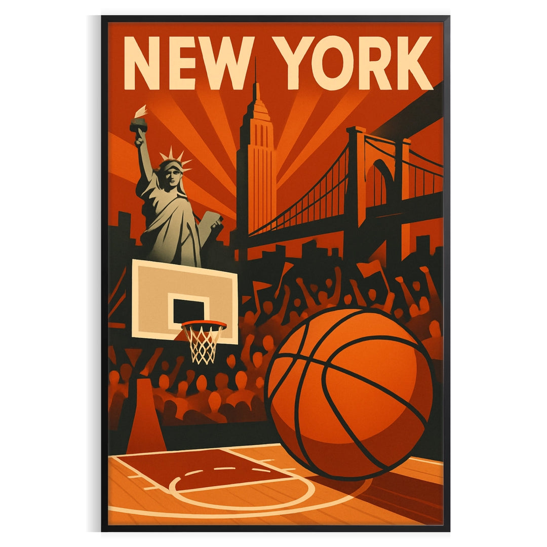 ニューヨークNBAポスター。黒と赤のデザインで、バスケットボールファンにぴったりの壁アート。サイズはA4からA0まで選べます。