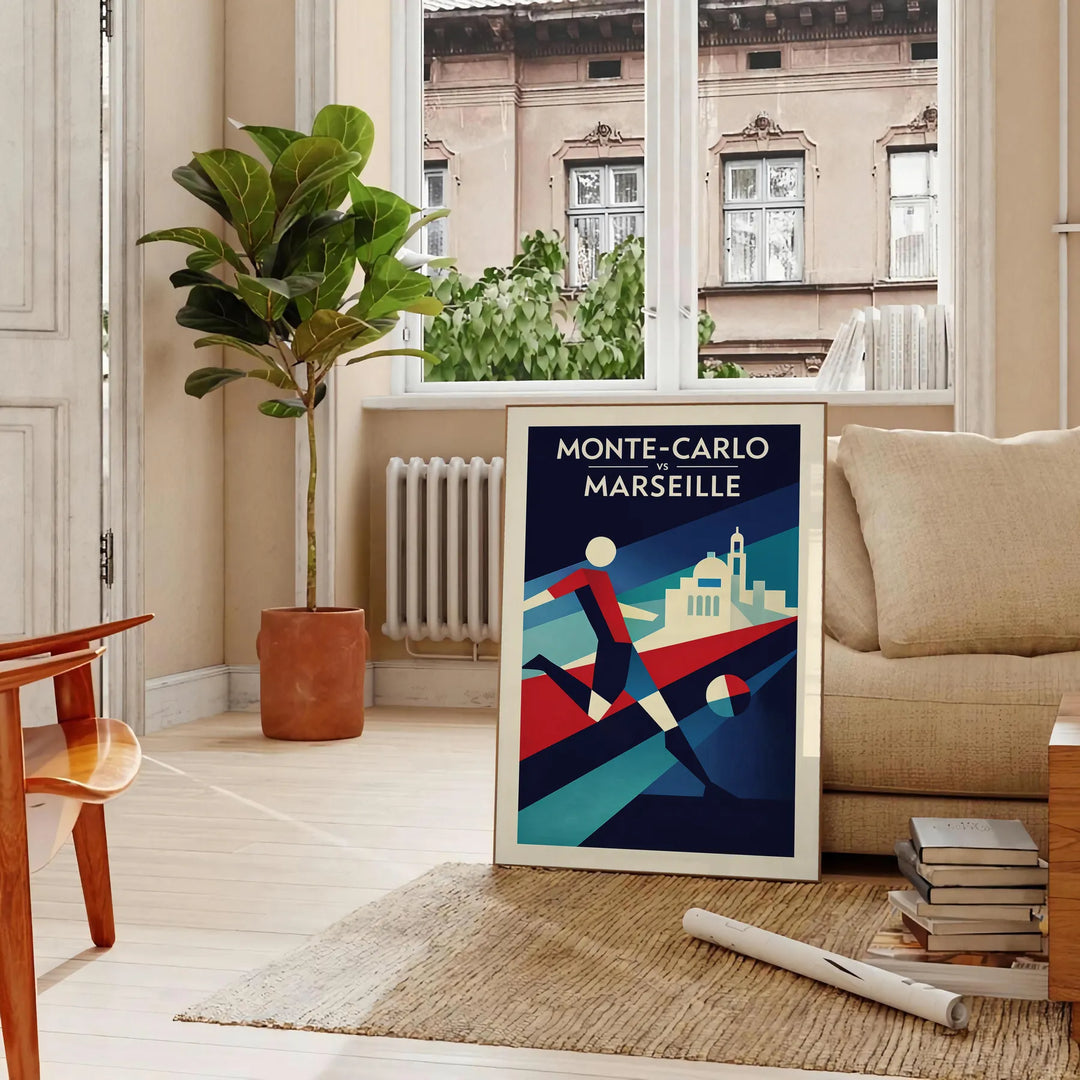 Stilvolles Fußballposter Monte-Carlo Monaco in Rot und Grau, erhältlich in 50x70 oder 30x40 cm. Perfekt für Fußballfans