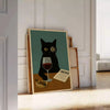 perfect blend charm sophistication Cat Reading News Wine poster playful feline lush green tones whimsical design space A4 cm A0 sizes