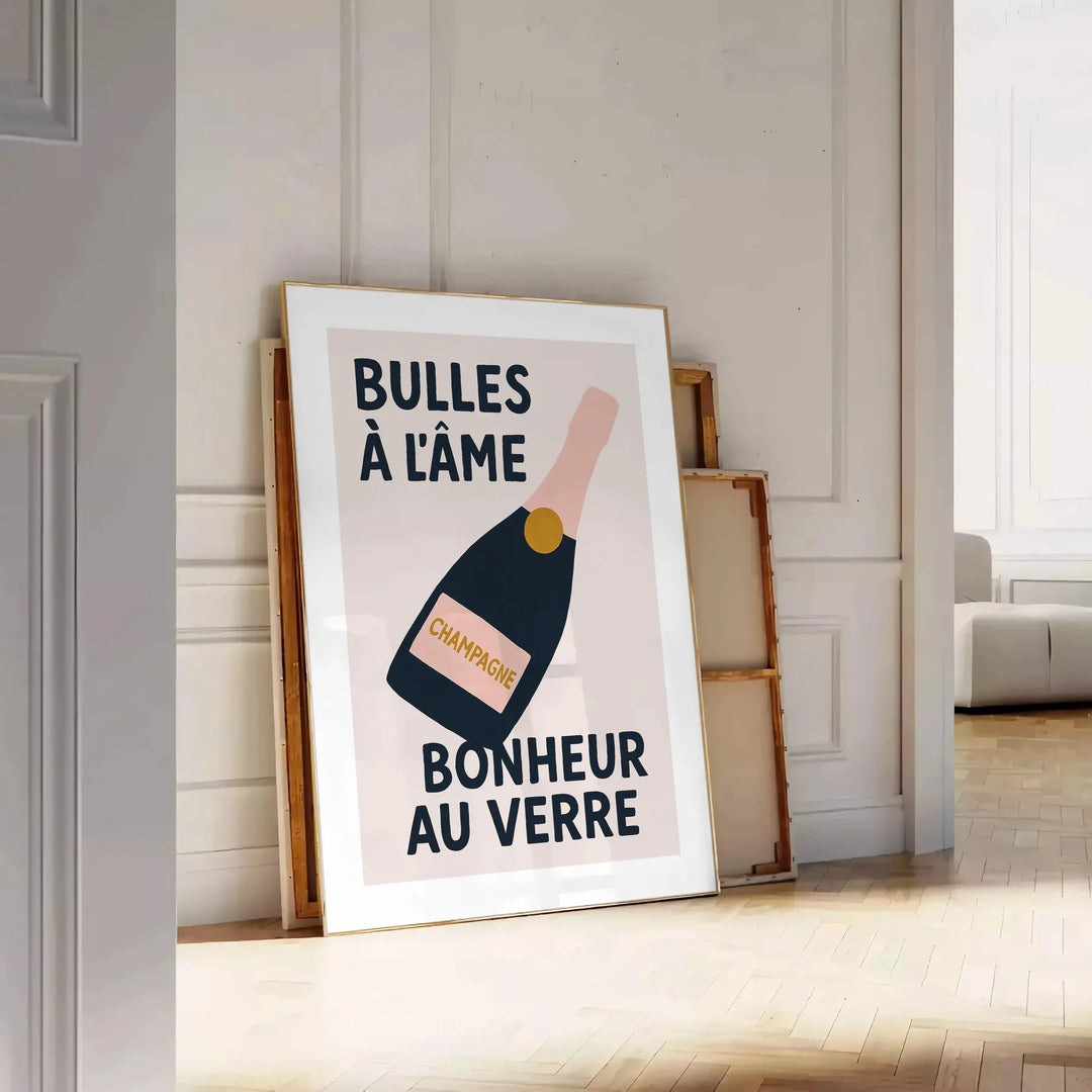 Pôster de Champagne para cozinha com tons elegantes de verde e preto, disponível em formatos 50x70 cm e 30x40 cm, emoldurado