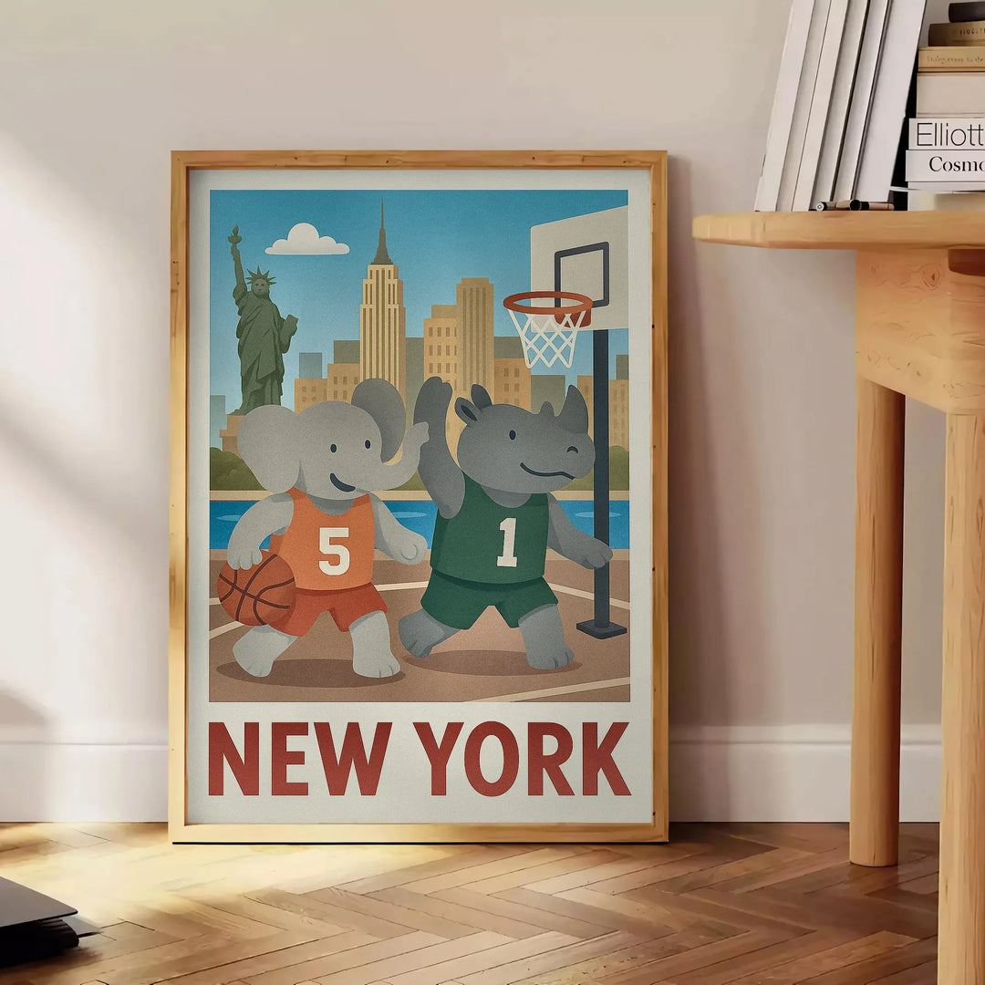 Ανακαλύψτε το μοναδικό vintage πόστερ μπάσκετ με έναν παιχνιδιάρικο ελέφαντα και ρινόκερο σε μια ζωντανή σκηνή μπάσκετ της Νέ