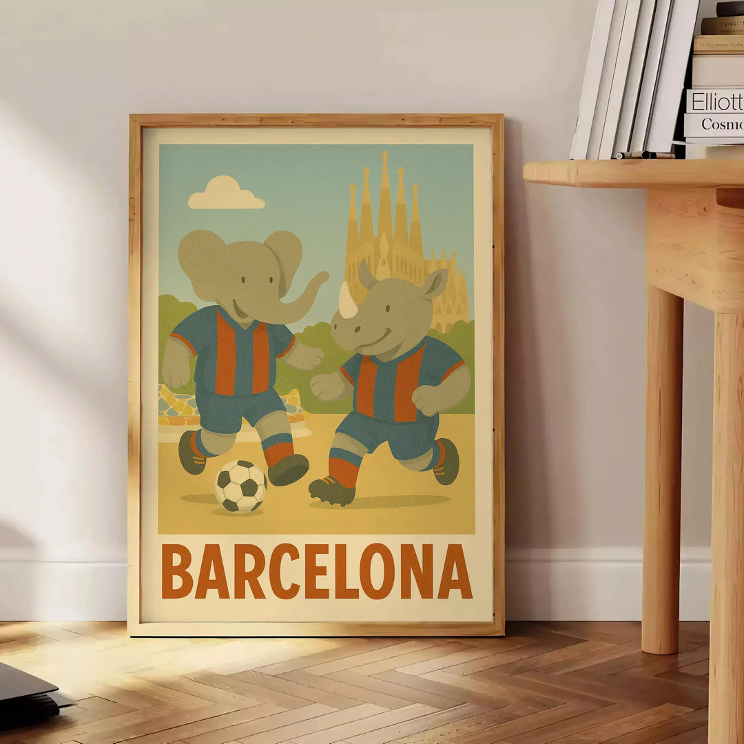 joy football child room vibrant poster playful kid elephant rhino Barcelona theme gray green tones perfect young fan delightful today formats A4 cm A0