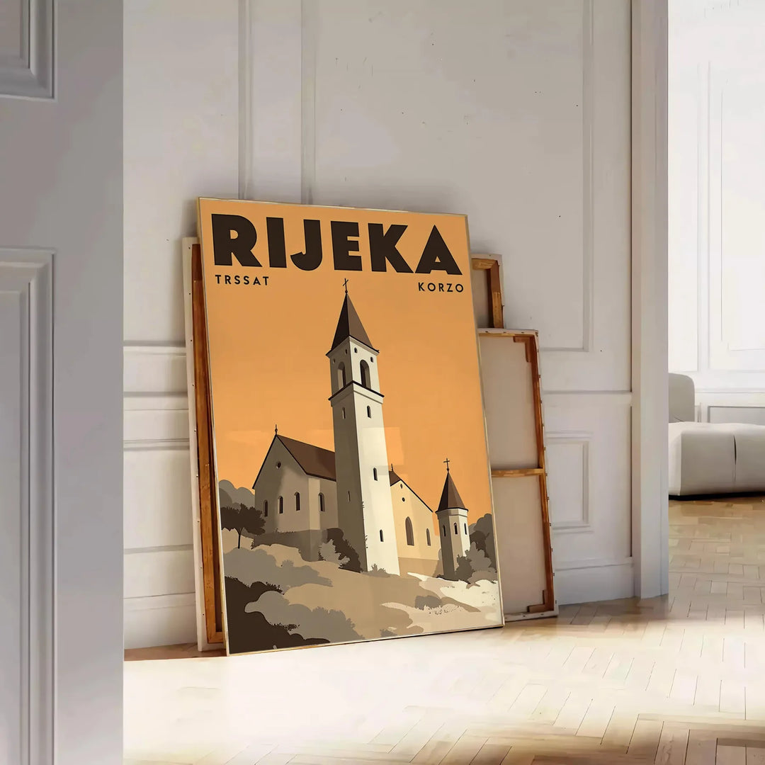 Manifesto Art Déco di Rijeka, Croazia, scena cittadina marrone e verde