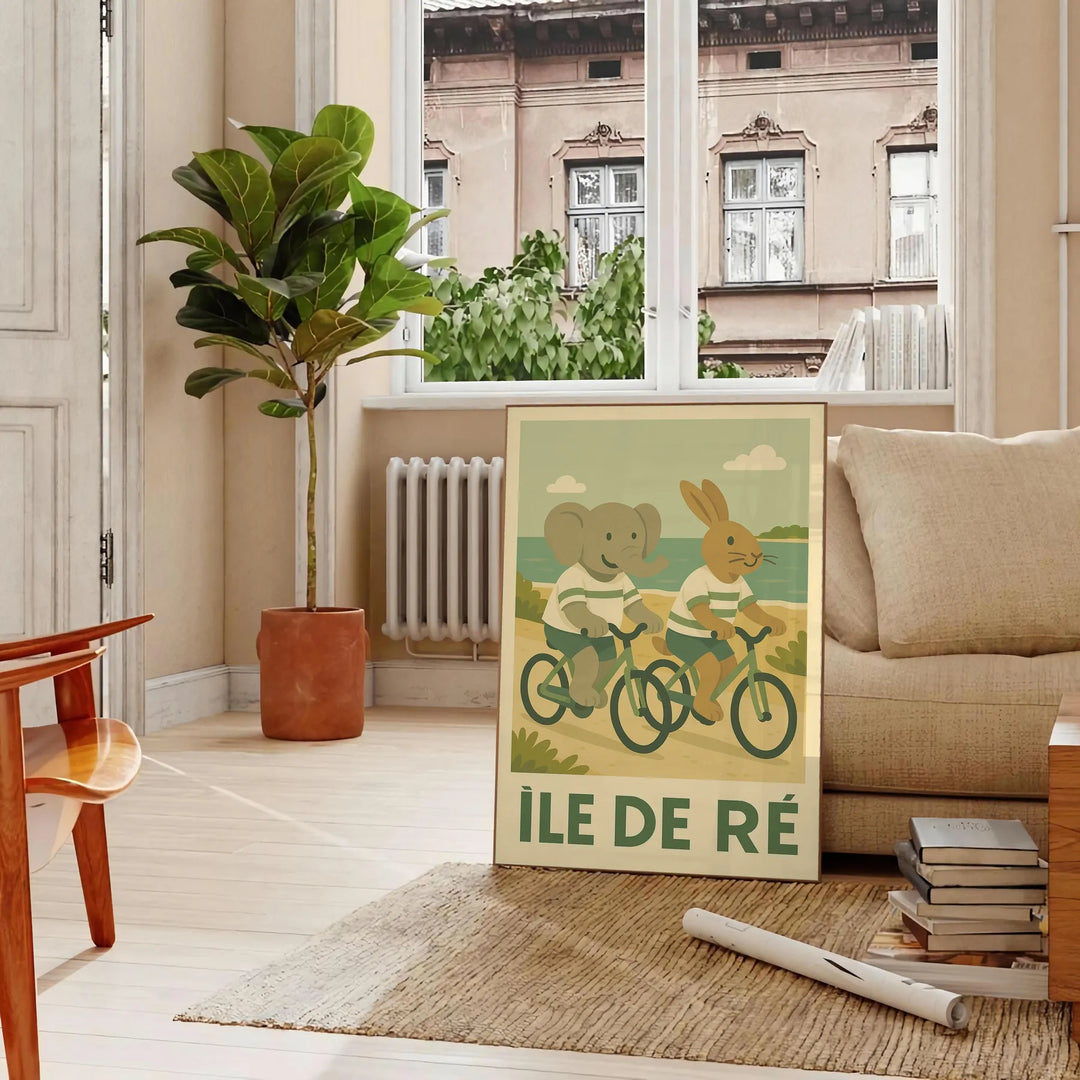 charming kid elephant rabbit cycling poster delightful gray green palette perfect child room area sizes artwork touch whimsy adventure unframed version enchanting today