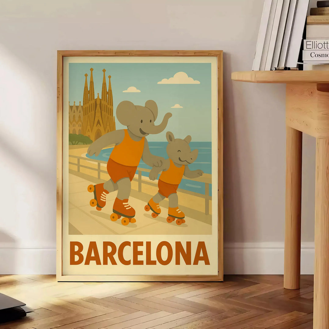 子供部屋を明るくする、遊び心満載の象とサイがローラーを楽しむポスター。鮮やかな緑とオレンジの色合いで、50x70または30x40のサイズから選べます。