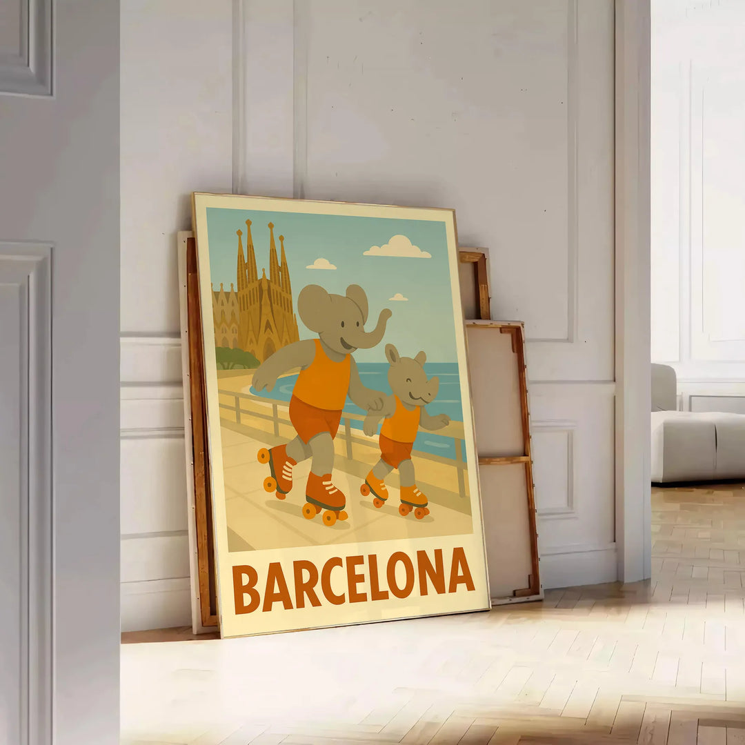 子供部屋を明るくする、遊び心満載の象とサイがローラーを楽しむポスター。鮮やかな緑とオレンジの色合いで、50x70または30x40のサイズから選べます。