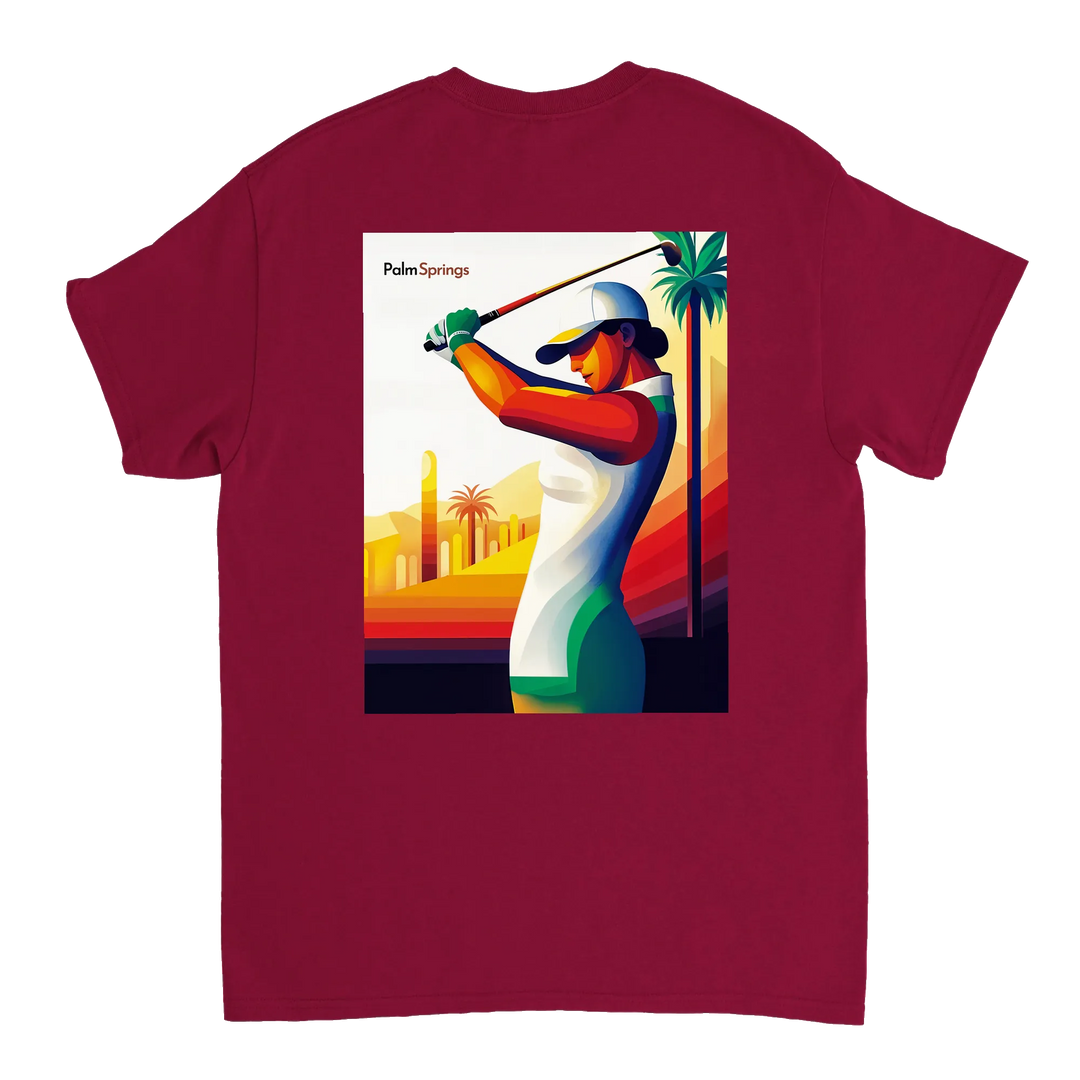 ゴルフパームスプリングスTシャツは、快適さとスタイルを兼ね備えたデザインです。パームスプリングスの陽気な雰囲気を楽しむゴルフ愛好者に最適です。