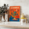 Istanbul cityscape poster in green and orange, stylized vintage travel illustration
