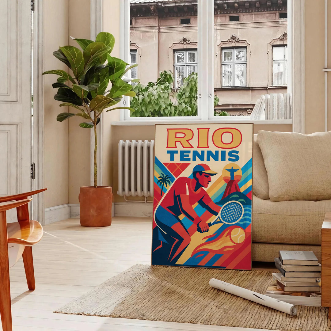 リオテニスのヴィンテージポスター、ブラウンとレッドの美しい色合いが特徴。サイズは50x70または30x40 cmで、テニス愛好家やヴィンテージ好きにぴったりなアート作品。フレーム付きまたはフレームなしで購入可能。
