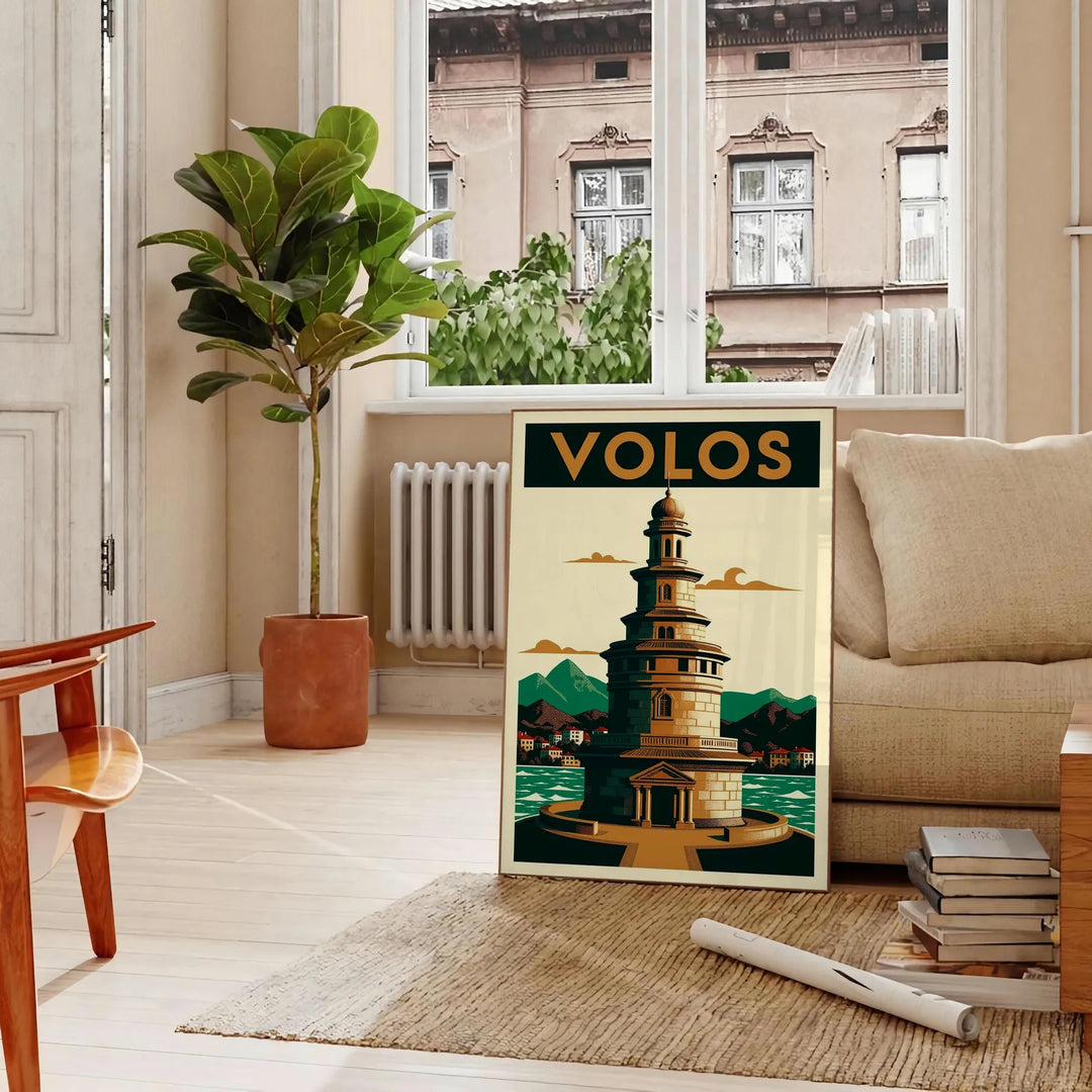 Poster vintage Art Déco Volos Grecia con motivo geometrico arancione e nero