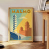 Affiche vintage Malmö Suède élégance Art Déco teintes apaisantes bleu gris intérieur œuvre disponible dimensions 50x70 30x40 unique cadre