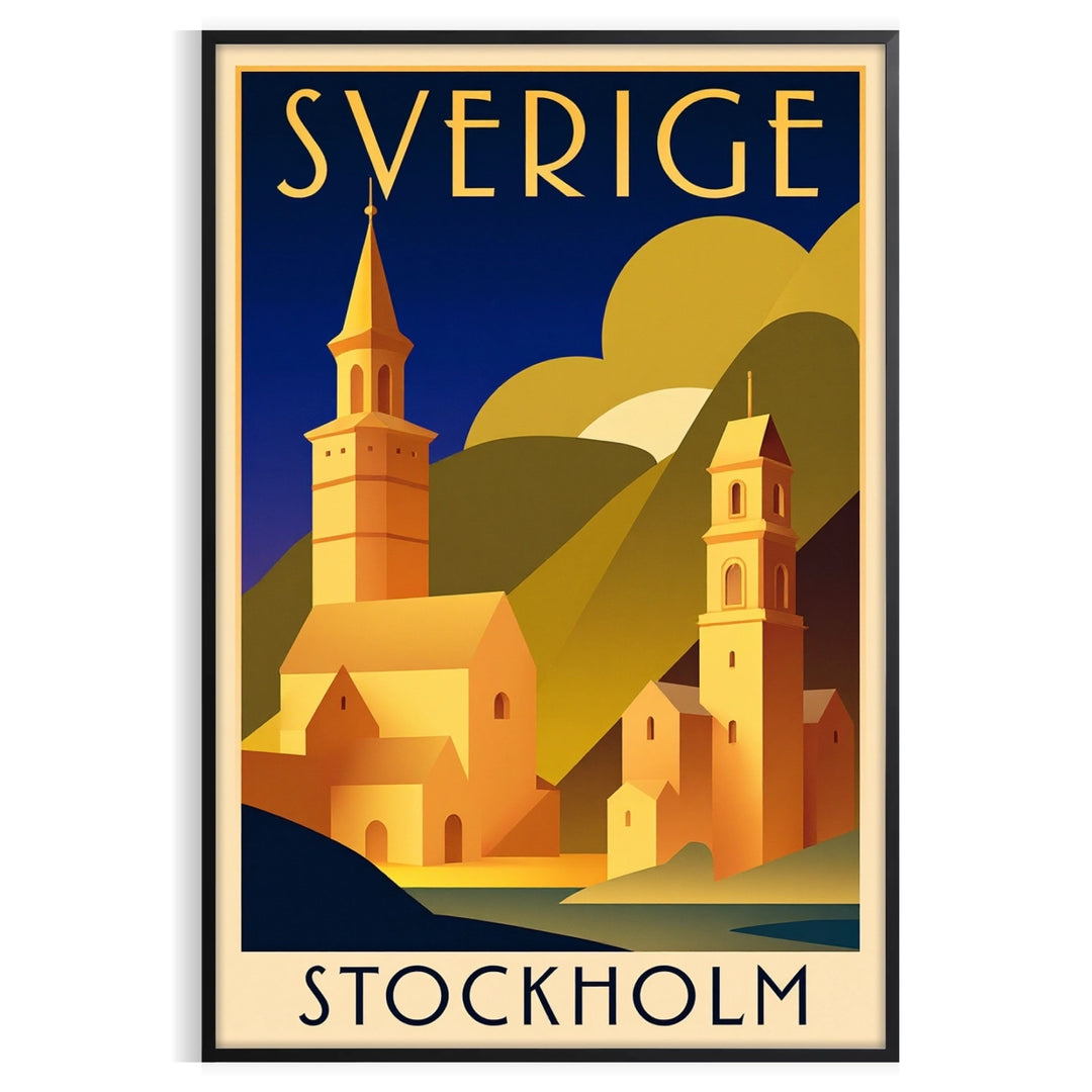 space stunning vintage travel poster Stockholm Sweden captivating Art Deco style striking black red colors chic touch room unique piece today sizes A4 cm A0