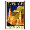 Vintage Reiseplakat von Stockholm, Schweden im Art Deco Stil, mit auffälligen Schwarz- und Rottönen, erhältlich in verschiede