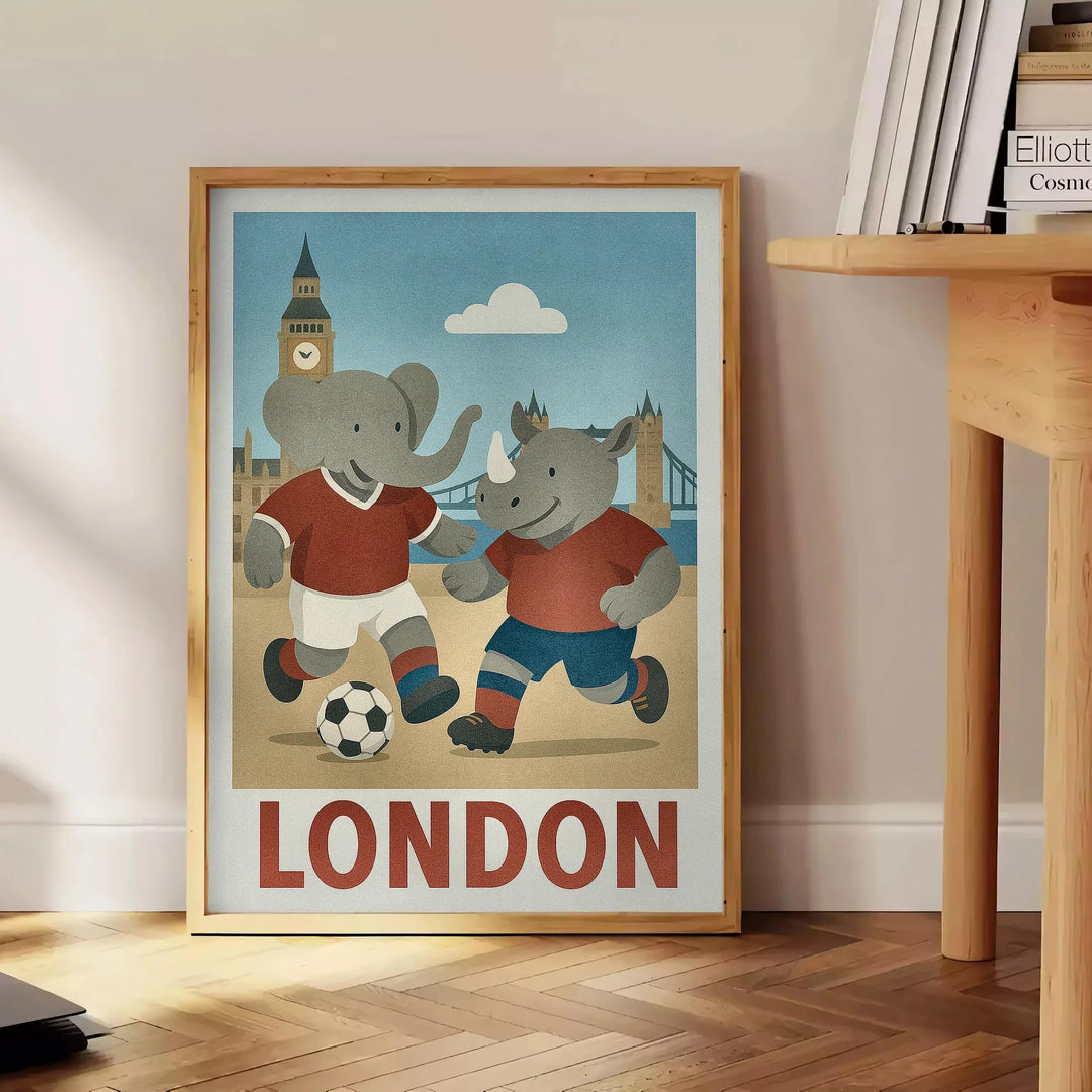 Πόστερ με τίτλο "Παιδικό Ελεφαντάκι & Ρινόκερος Ποδόσφαιρο", ιδανικό για μικρούς φιλάθλους. Ζωντανά χρώματα σε σχέδιο που προ