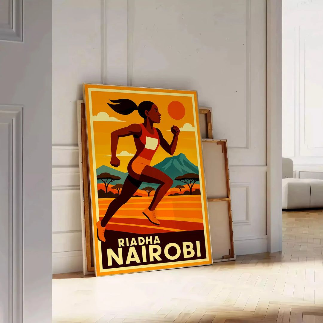 Affiche captivante thématique Nairobi Riadh Athletics couleurs rouge noir audacieuses une touche dynamique espace  excellent dimensions cm passion sport disponibles A4 A0