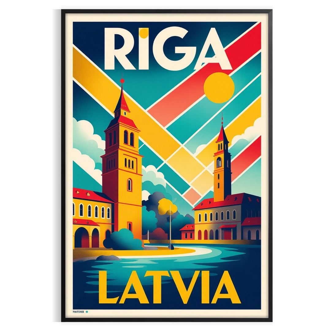 charm Riga Latvia vintage travel art deco poster stunning orange blue hues nostalgic touch space eye piece available dimensions cm elegance home sizes A4 A0