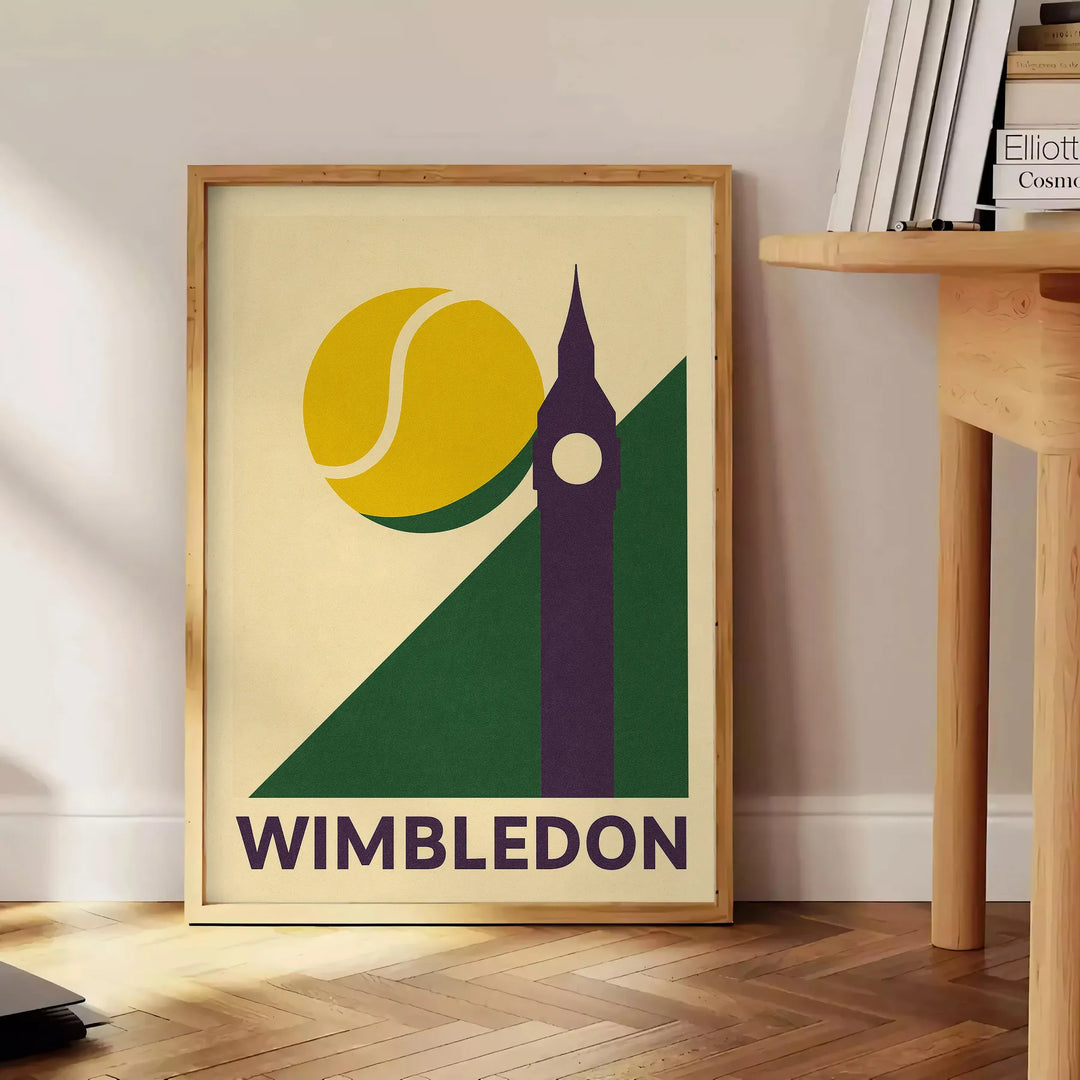 ウィンブルドンテニスの夜を描いたポスター。グレーとグリーンの美しい色合いが特徴で、スポーツ愛好家に最適。部屋をエレガントに演出します。