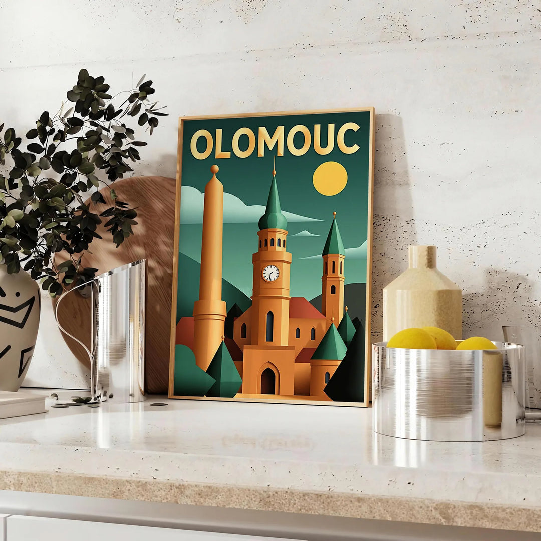 Manifesto vintage Art Déco di Olomouc, Repubblica Ceca, toni gialli e verdi