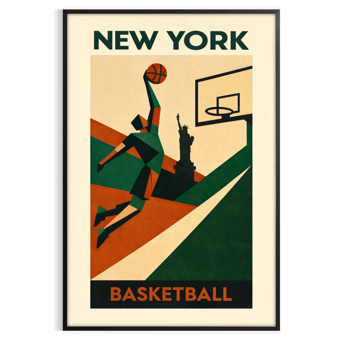 Beeindruckendes New York USA NBA Poster in kräftigen Schwarz-Orange-Tönen. Ideal für Sportfans und Liebhaber urbaner Kunst. V