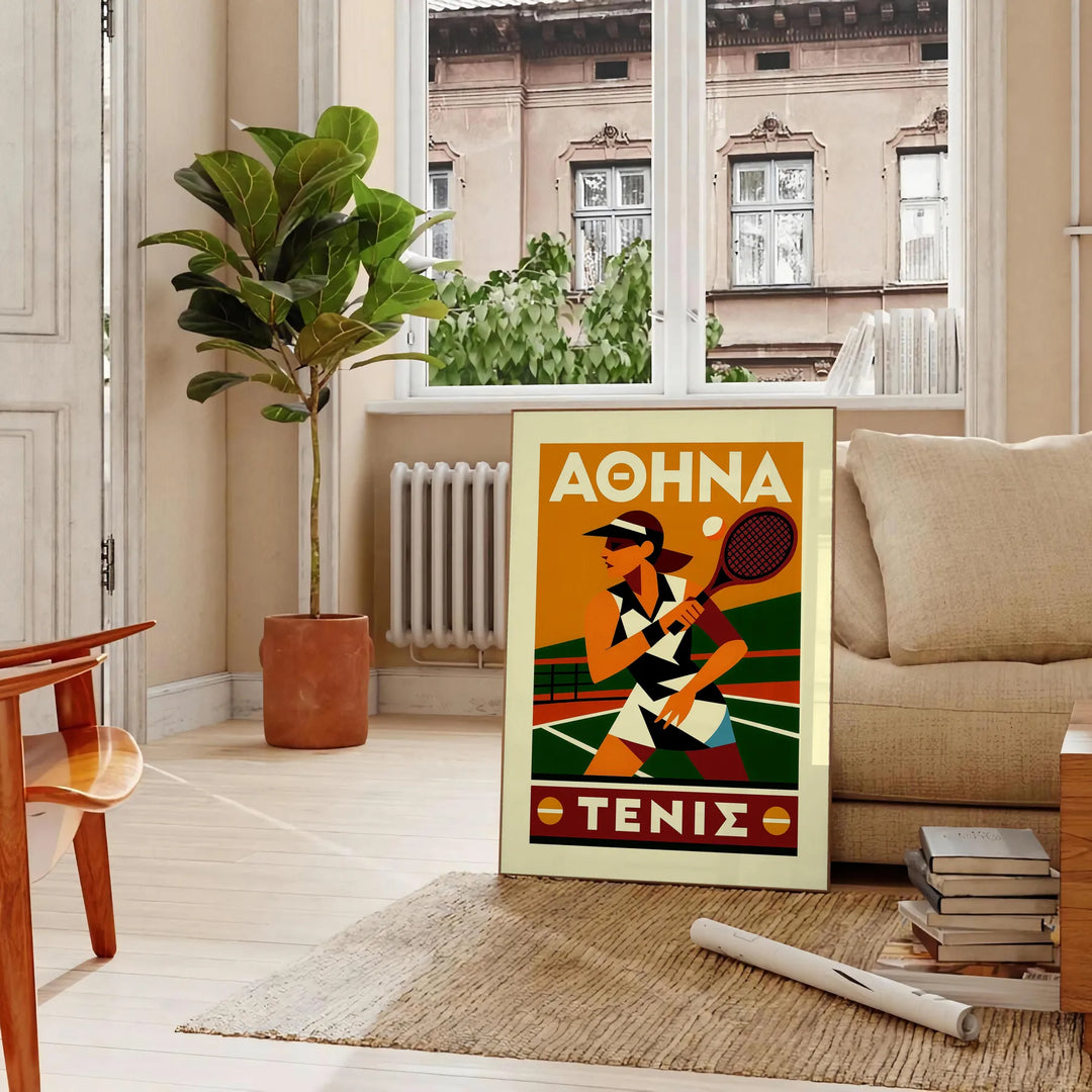Athena Tennis poster med en djärv röd och svart design, perfekt för tennisentusiaster. Finns i storlekarna 50x70 eller 30x40