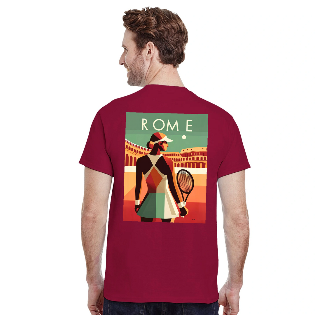 情熱的なファンとスタイリッシュなアスリートのためにデザインされたローマテニスTシャツ。コート内外での着用に最適な鮮やかなテニスグラフィックが特徴。柔らかく通気性のあるコットン素材で快適さを提供します。