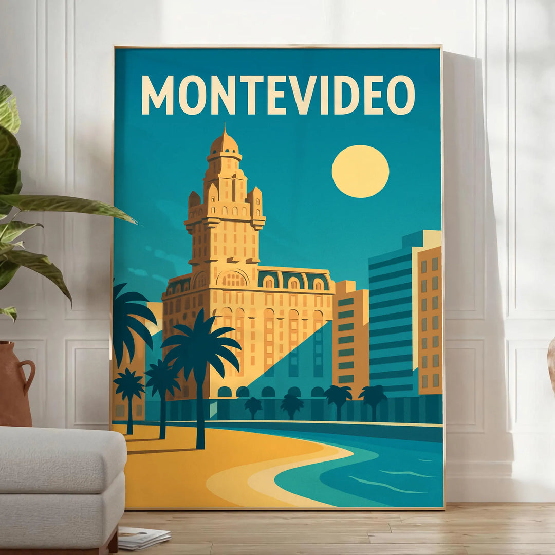 Montevideo Uruguay Art Déco poster with blue and yellow geometric design