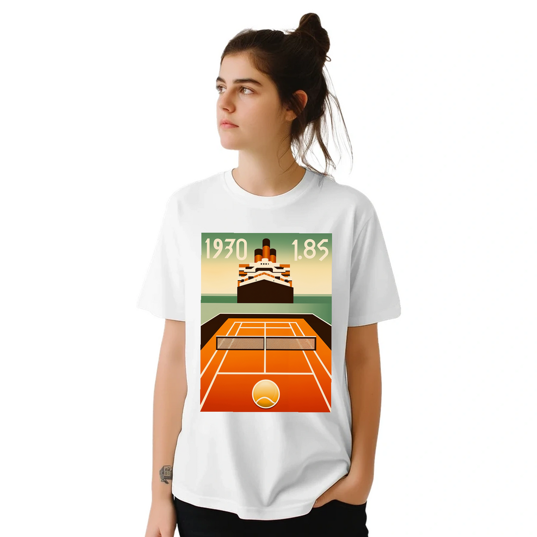 映画『タイタニック』をテーマにしたTシャツ。スタイリッシュで懐かしいデザインが特徴で、映画ファンにぴったりのアイテムです。