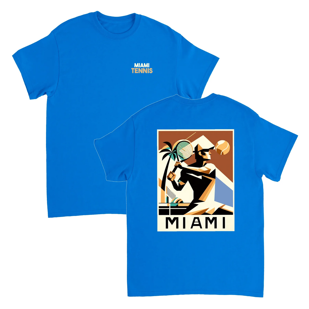 T-shirt Miami Tennis: design vibrante che cattura lo spirito energetico del tennis a Miami, in cotone morbido e traspirante p