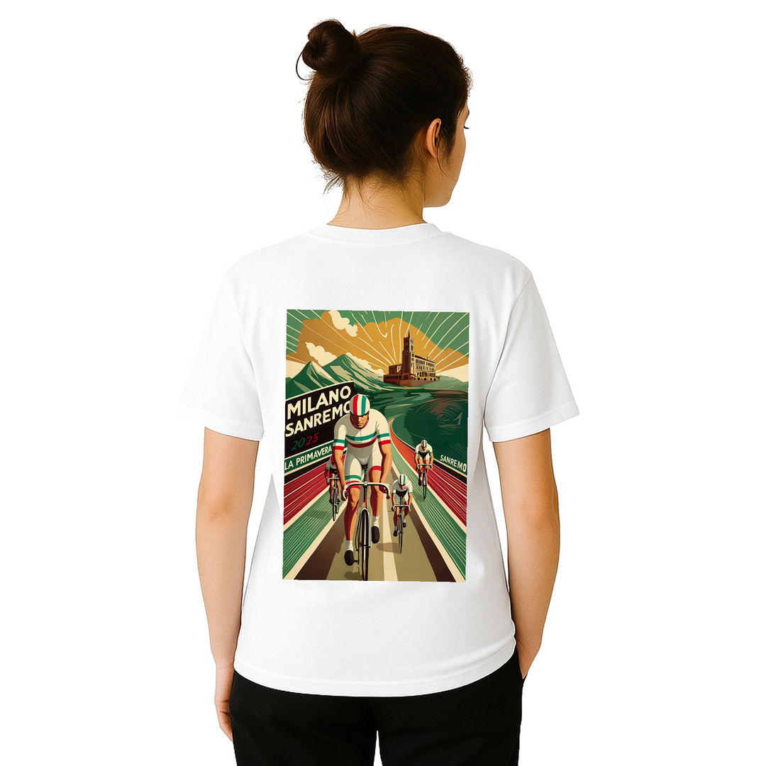 Koszulka Milano Sanremo z unikalnym wzorem, idealna dla miłośników kolarstwa. Dostępna w rozmiarach S, M, L, XL
