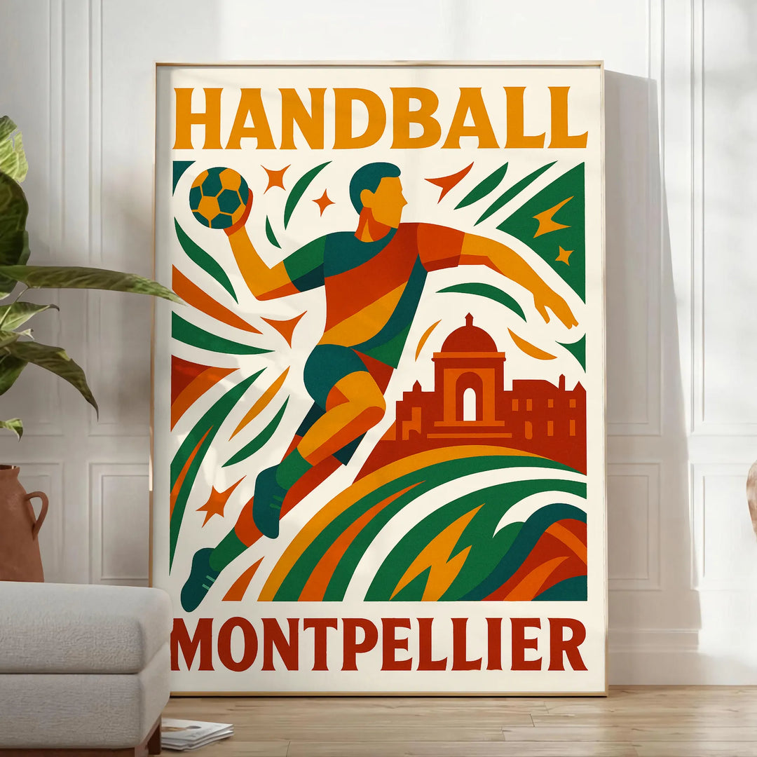 手に汗握るハンドボールの魅力を表現したモンペリエポスター。赤とオレンジの鮮やかな色合いがスポーツのエネルギーを捉えています。サイズはA4、30x40 cm、50x70 cm、60x80 cmから選べます。ファンやコレクターに最適なアイテムです。